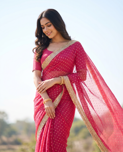 Women's Lightweight Organza Georgette Saree with Embroidered Zari Border & Unstitched Blouse Piece.