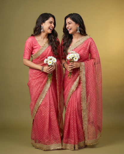Women's Lightweight Organza Georgette Saree with Embroidered Zari Border & Unstitched Blouse Piece.