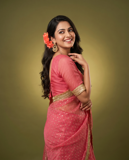 Women's Lightweight Organza Georgette Saree with Embroidered Zari Border & Unstitched Blouse Piece.