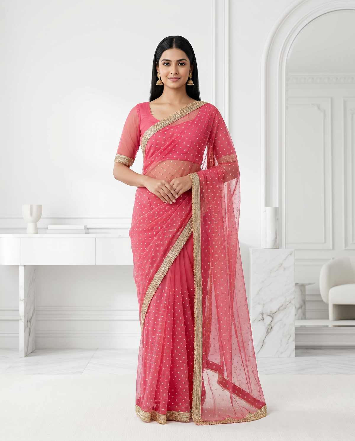 Women's Lightweight Organza Georgette Saree with Embroidered Zari Border & Unstitched Blouse Piece.
