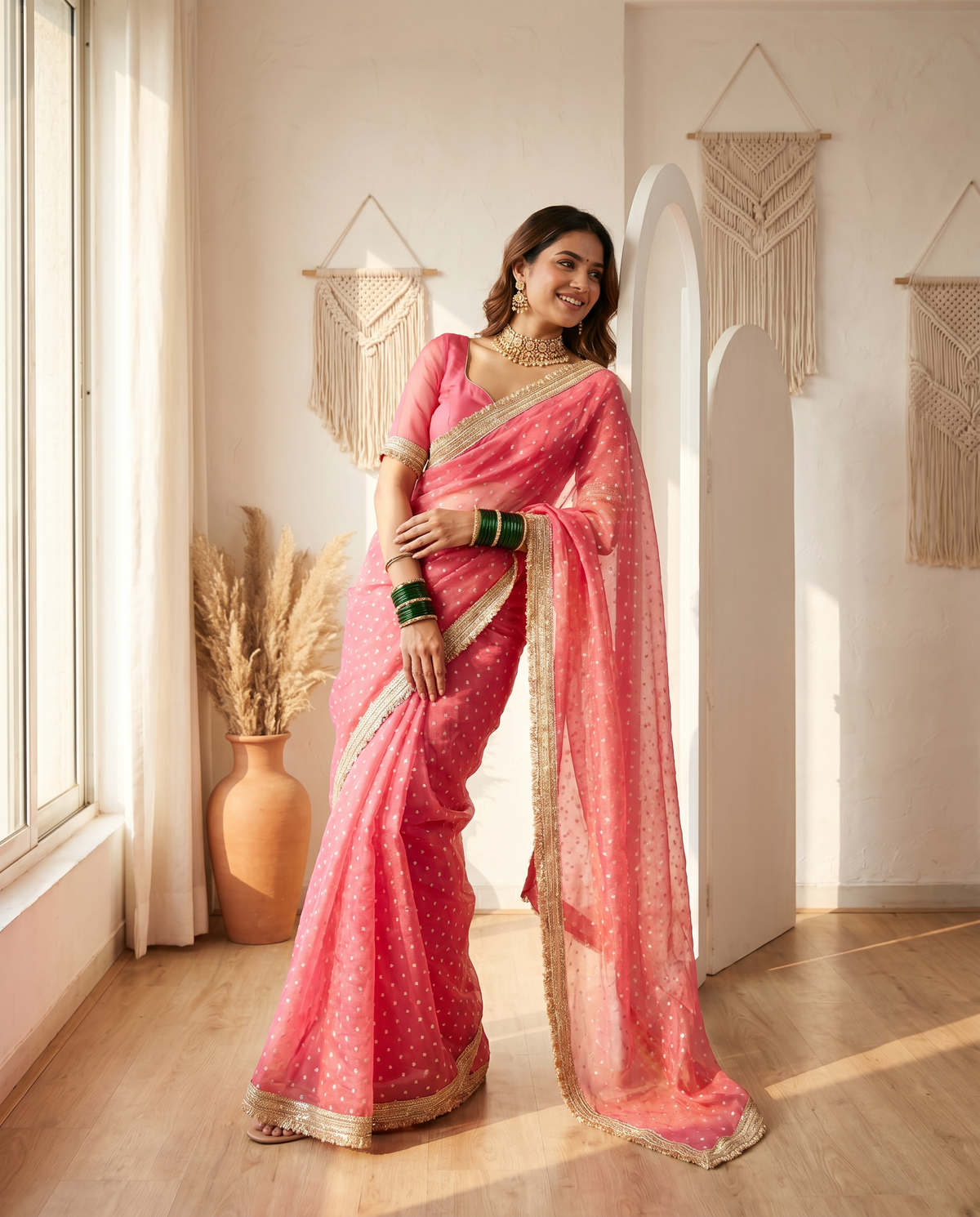 Women's Lightweight Organza Georgette Saree with Embroidered Zari Border & Unstitched Blouse Piece.