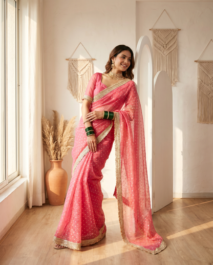 Women's Lightweight Organza Georgette Saree with Embroidered Zari Border & Unstitched Blouse Piece.