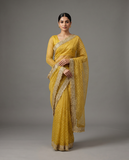 Women's Lightweight Organza Georgette Saree with Embroidered Zari Border & Unstitched Blouse Piece.