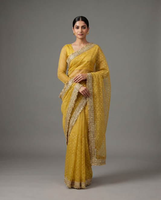 Women's Lightweight Organza Georgette Saree with Embroidered Zari Border & Unstitched Blouse Piece.
