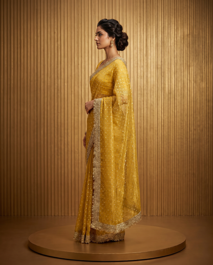 Women's Lightweight Organza Georgette Saree with Embroidered Zari Border & Unstitched Blouse Piece.