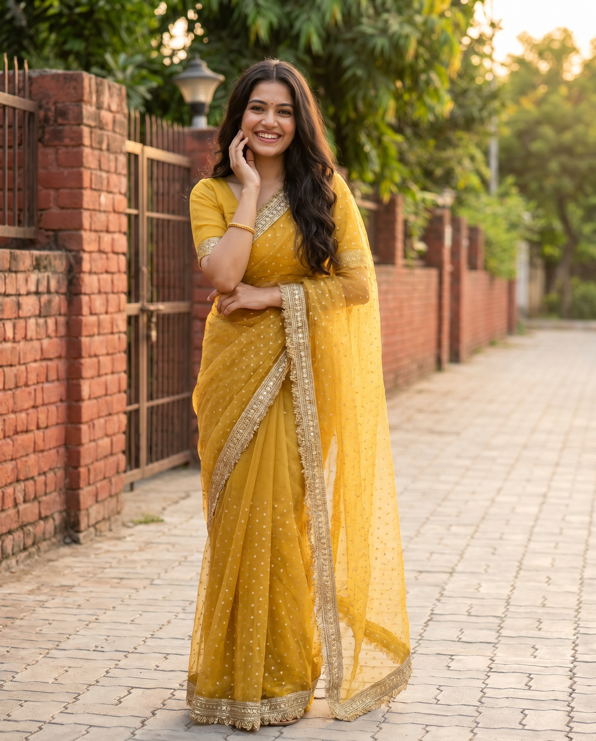 Women's Lightweight Organza Georgette Saree with Embroidered Zari Border & Unstitched Blouse Piece.