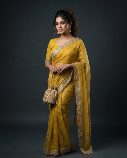 Women's Lightweight Organza Georgette Saree with Embroidered Zari Border & Unstitched Blouse Piece.