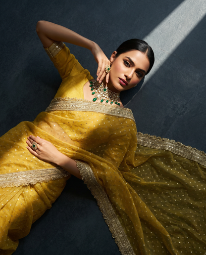 Women's Lightweight Organza Georgette Saree with Embroidered Zari Border & Unstitched Blouse Piece.