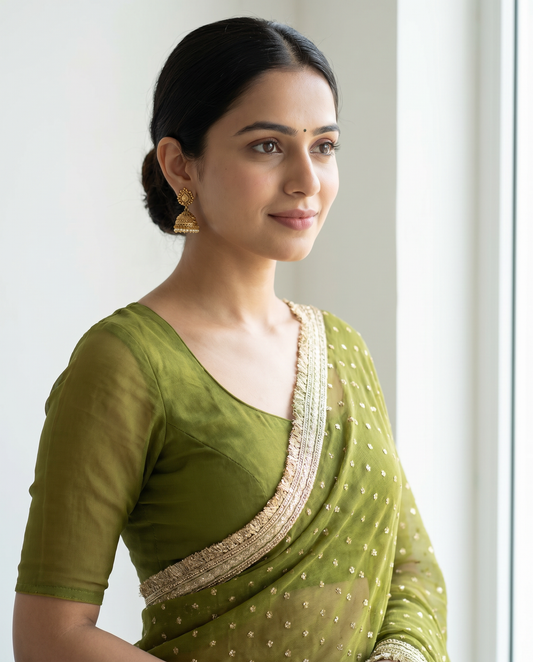 Women's Lightweight Organza Georgette Saree with Embroidered Zari Border & Unstitched Blouse Piece.