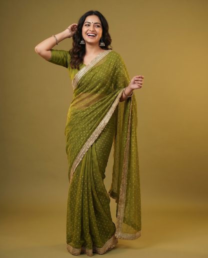 Women's Lightweight Organza Georgette Saree with Embroidered Zari Border & Unstitched Blouse Piece.